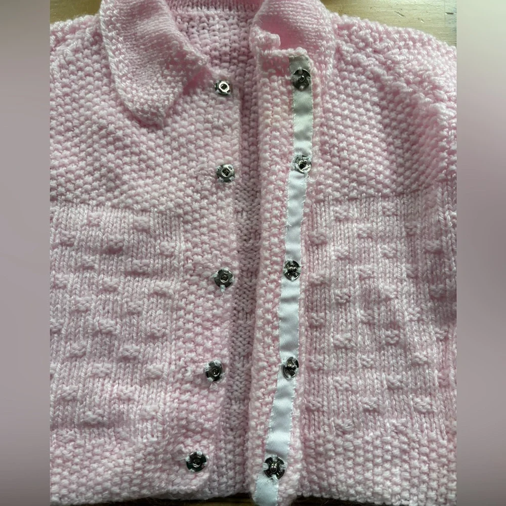 Vintage Grammy Made Pink Knitted Baby Sweater Hidden Snaps Button Placket 9-12M